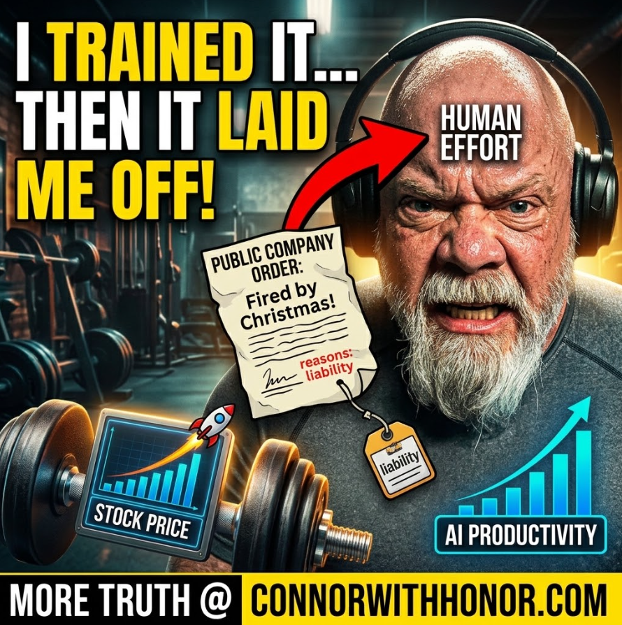 Connor MacIvor with the headline I trained it, then it laid me off, beside a rising stock price chart, a rising AI productivity chart, and a public company order reading fired by Christmas with a liability tag attached