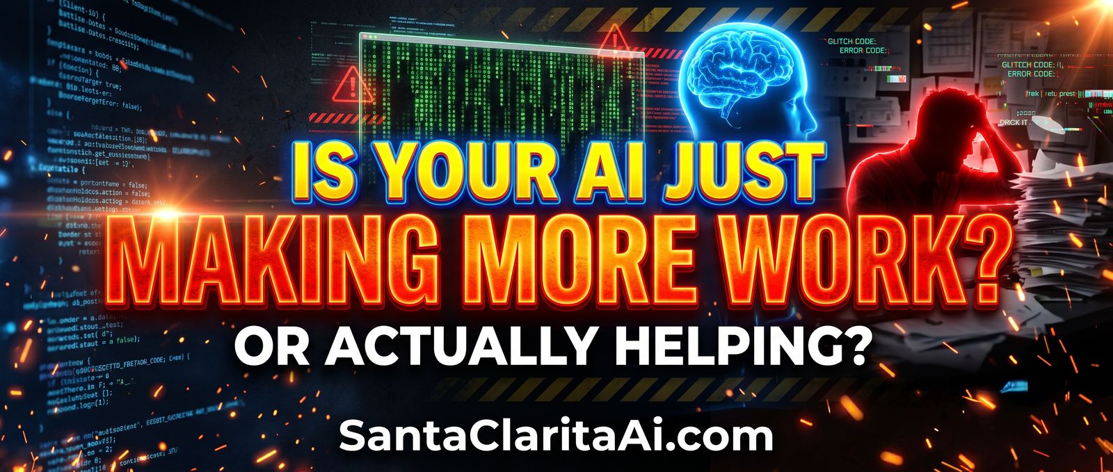 Thumbnail asking Is Your AI Just Making More Work, or Actually Helping, with code screens, a glowing AI brain and a frustrated worker at a desk piled with paper