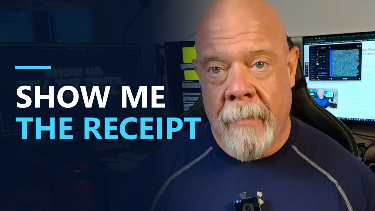 Connor MacIvor on camera in his studio beside the words Show Me The Receipt.