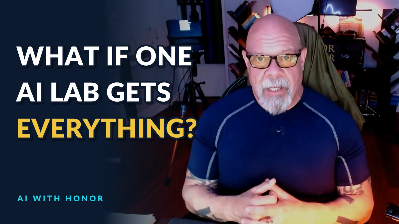 Connor MacIvor on camera in his studio, glasses on, hands together, beside the words What If One AI Lab Gets Everything? and the AI With Honor mark