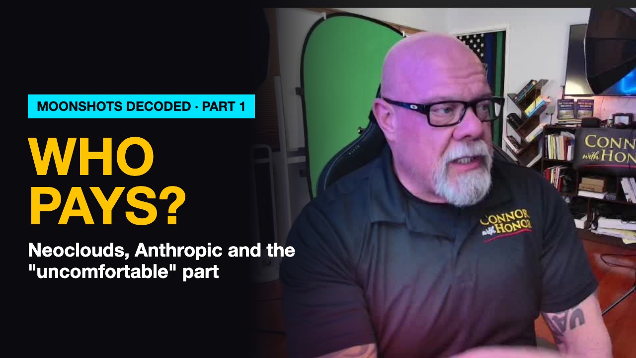 Connor MacIvor in his studio beside the words Who Pays? Moonshots Decoded Part 1