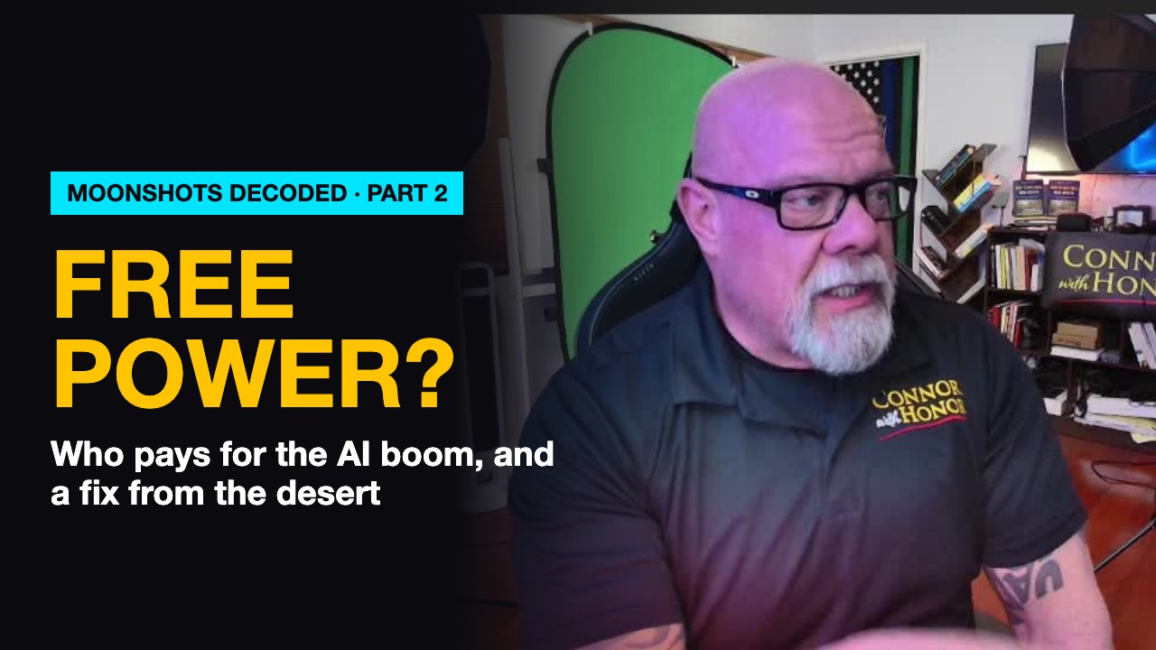 Connor MacIvor in his studio beside the words Free Power? Moonshots Decoded Part 2