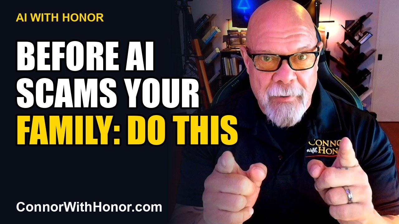 Connor MacIvor pointing at the camera beside the words Before AI scams your family, do this